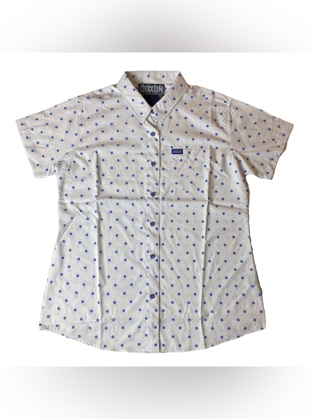 Dixxon Short Sleeve Shirt Womens Large Polkacide White Tiny Blue Logo NWOT